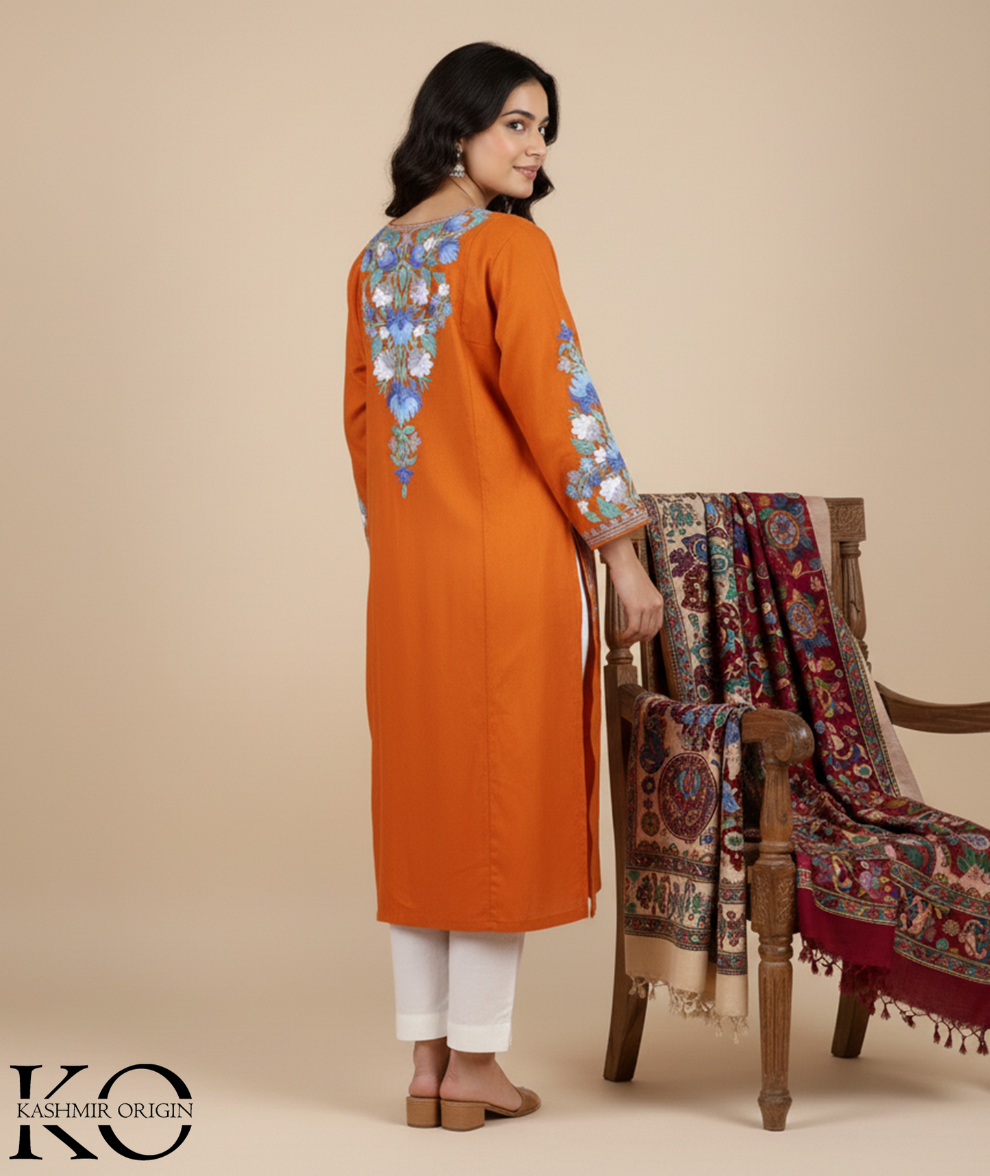 Cinnamon Base Floral Design Aari Embroidery Phiran