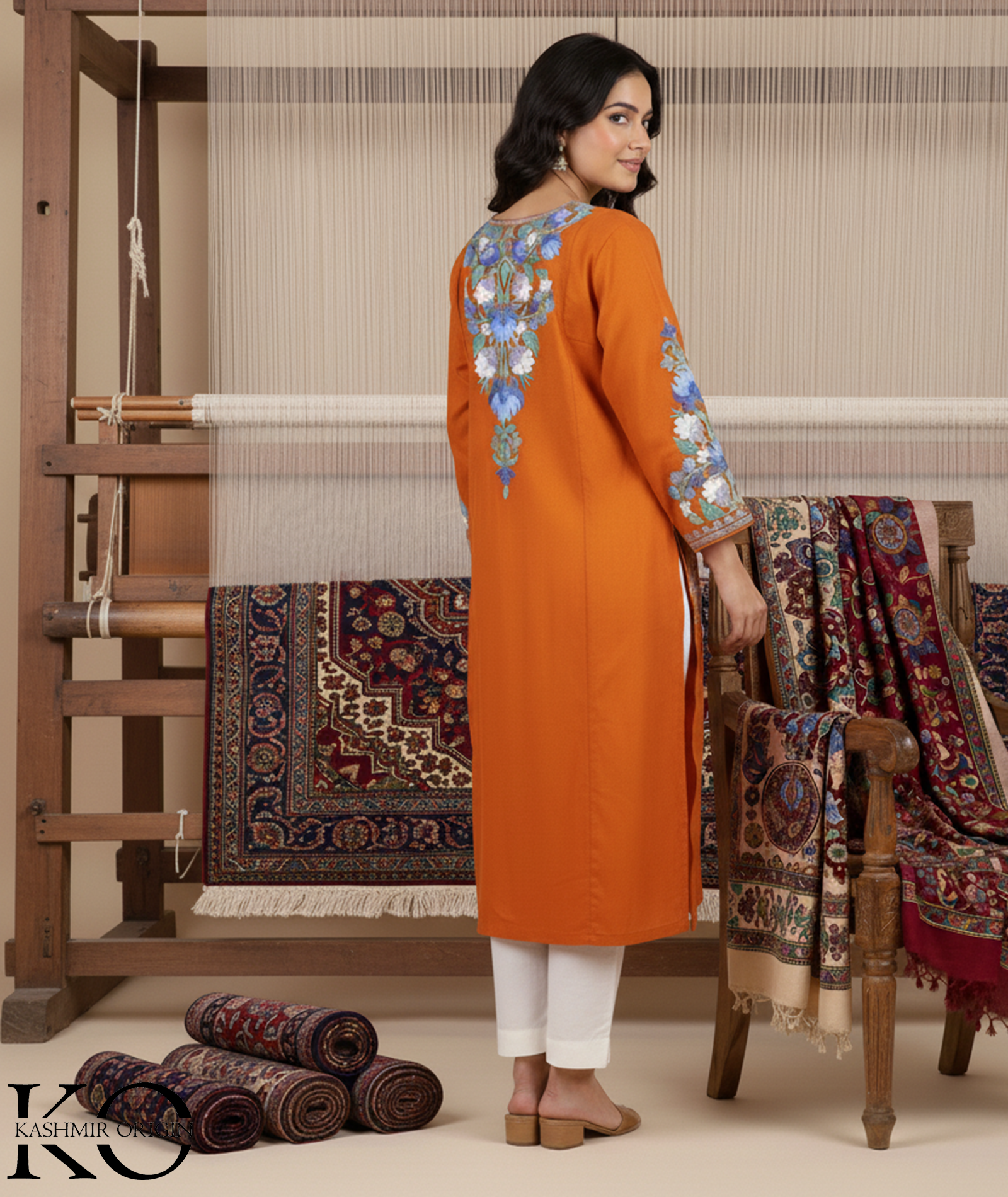 Cinnamon Base Floral Design Aari Embroidery Phiran