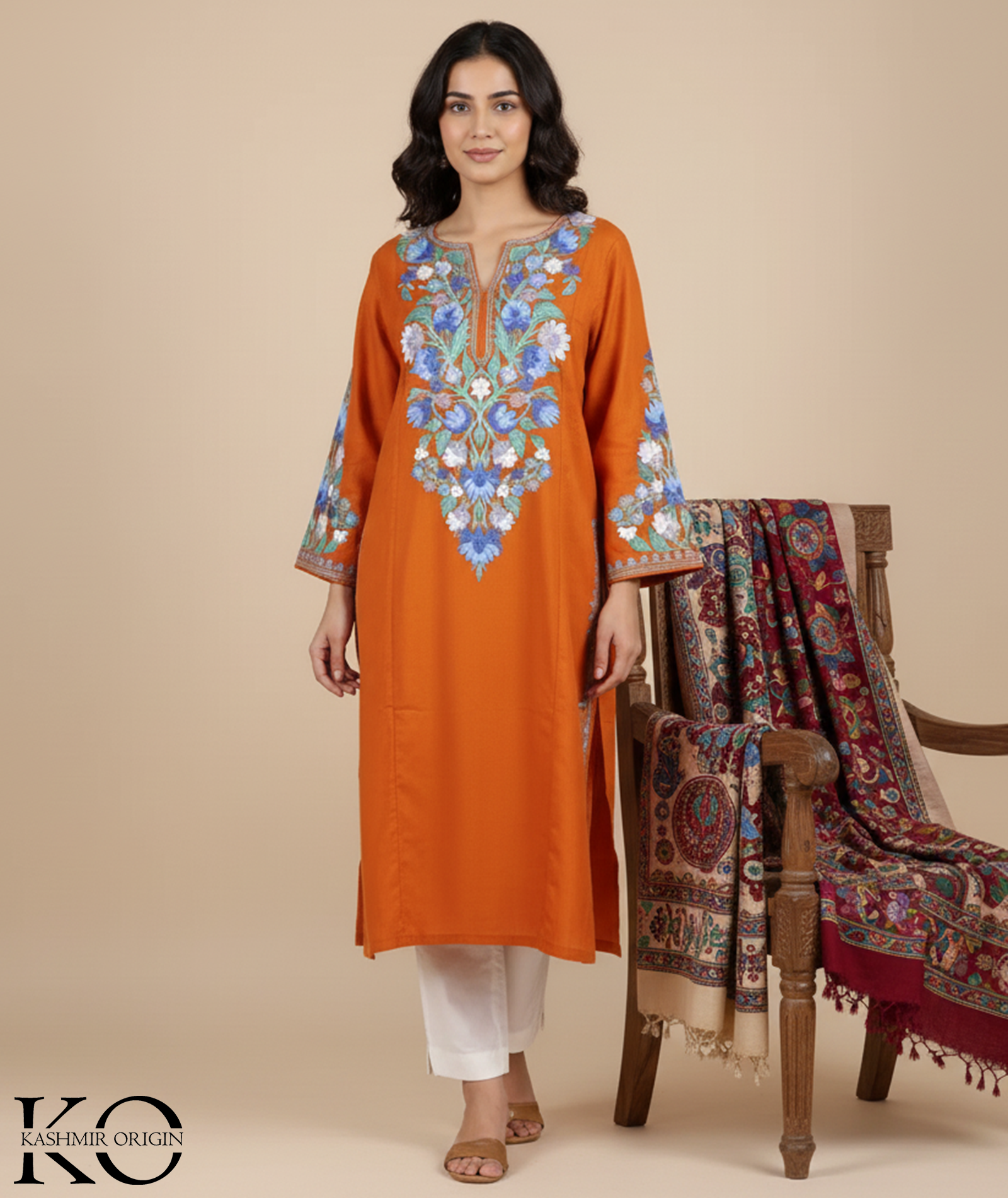 Cinnamon Base Floral Design Aari Embroidery Phiran