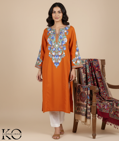 Cinnamon Base Floral Design Aari Embroidery Phiran