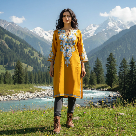 Mustard Yellow Aari Embroidered Front Back Work Kashmiri Pheran