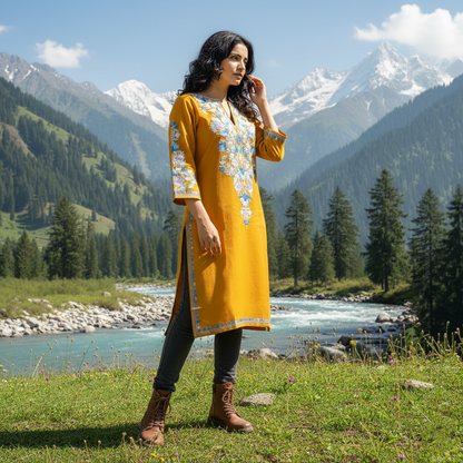 Mustard Yellow Aari Embroidered Front Back Work Kashmiri Pheran
