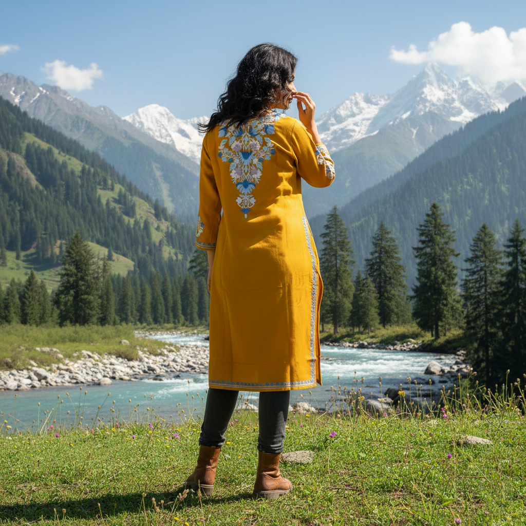 Mustard Yellow Aari Embroidered Front Back Work Kashmiri Pheran