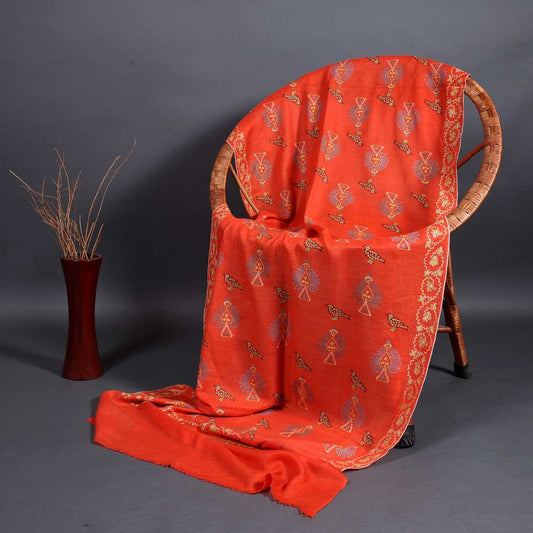 Orange Base Birds Design Sozni Embroidered Pashmina Stole