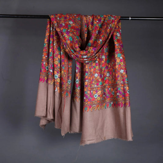 Natural Base Sozni Embroidered Jamawar Pashmina Shawl