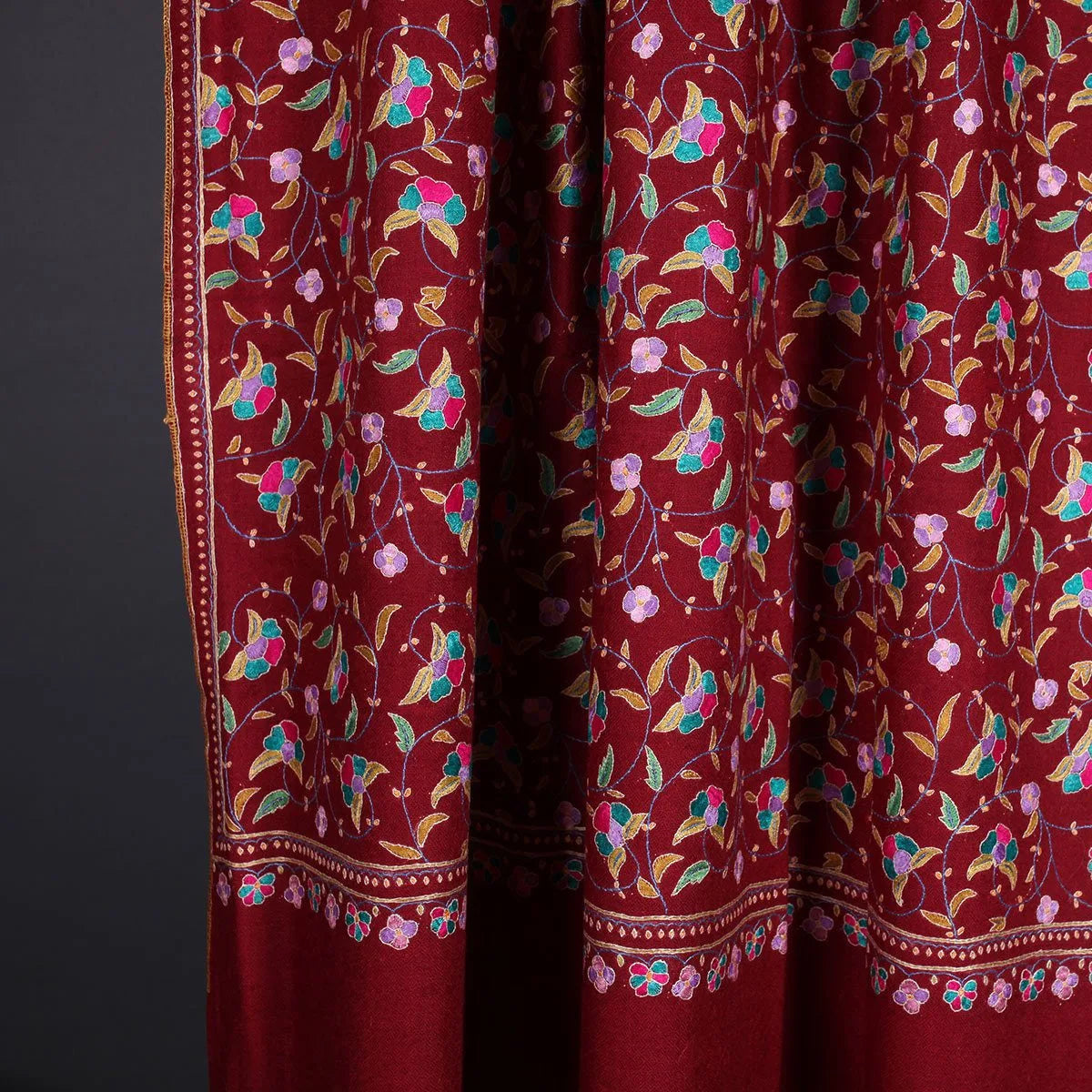 Maroon Sozni Embroidered Jaali Design Pashmina Shawl