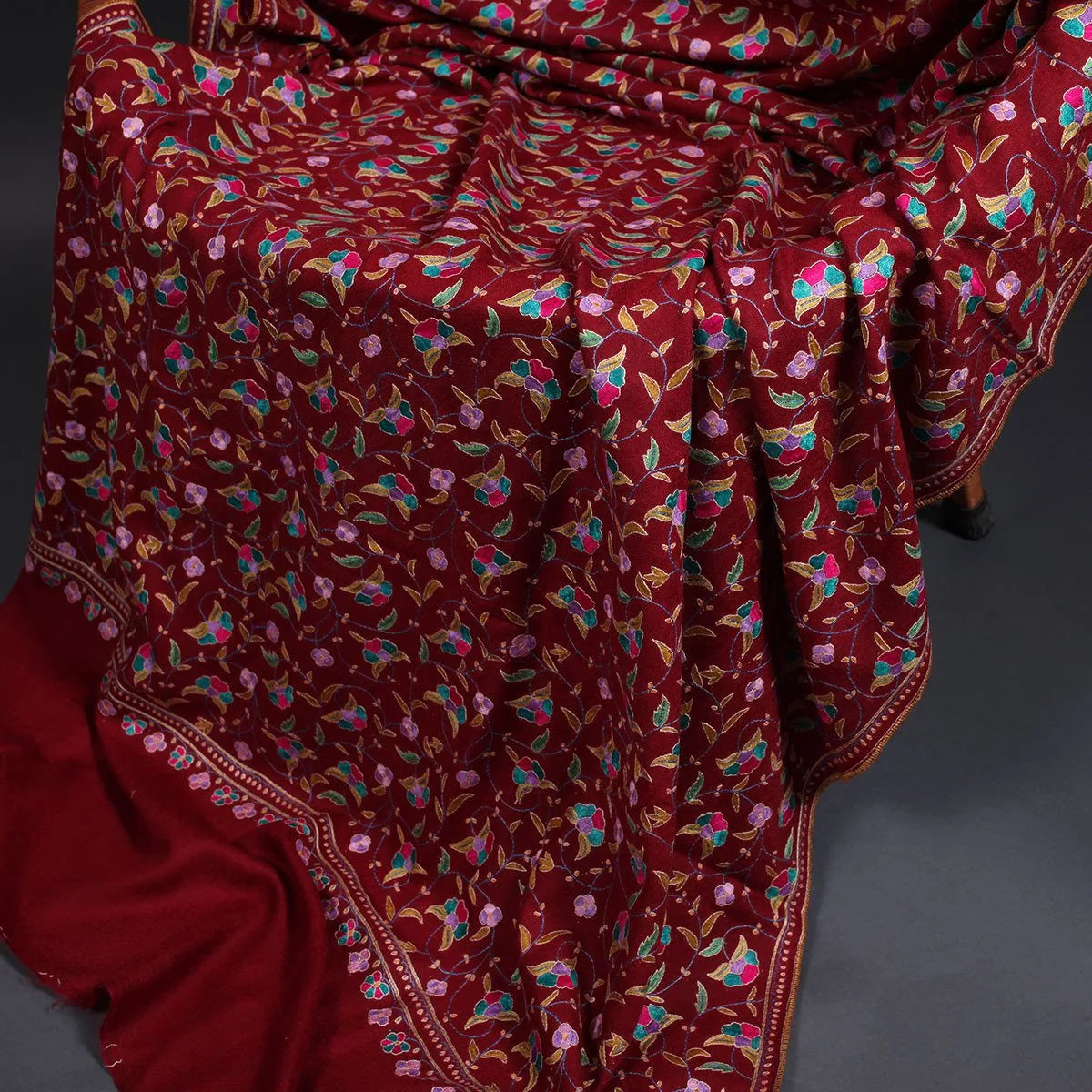 Maroon Sozni Embroidered Jaali Design Pashmina Shawl