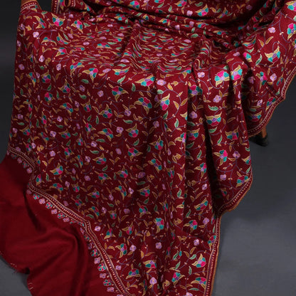 Maroon Sozni Embroidered Jaali Design Pashmina Shawl