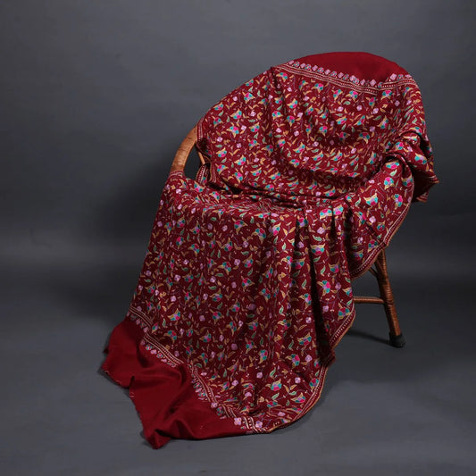 Maroon Sozni Embroidered Jaali Design Pashmina Shawl