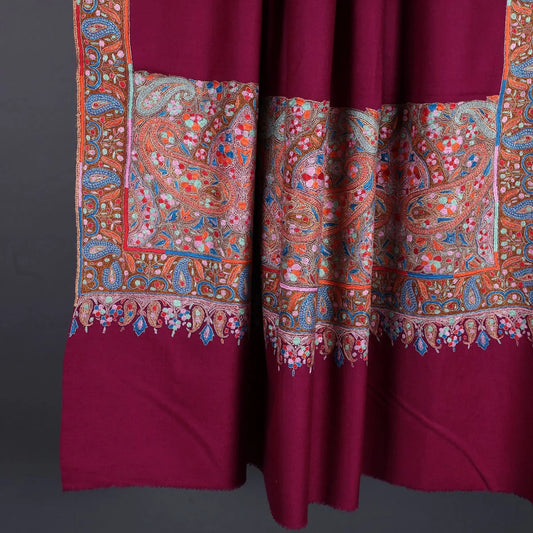 Magenta Base Border Design Sozni Embroidered Pashmina Shawl