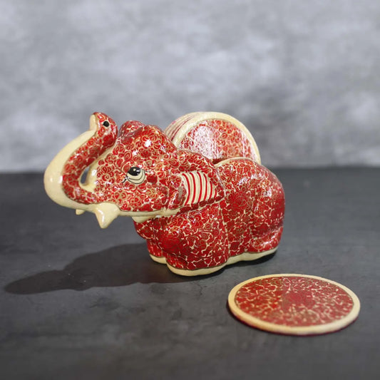 Paper Mache Coaster Set<br> Elephant Design Red Colour