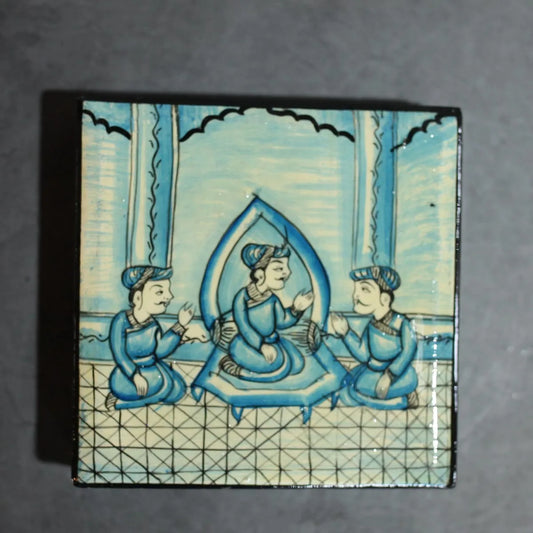 Paper Mache Coaster Set Mughal<br> Darbar Design Blue