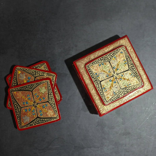 Paper Mache Coaster Set Red<br> Floral Design