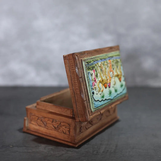 Embossed Paper Mache Arab Design Walnut Wood Jewellery Box 6x4.5