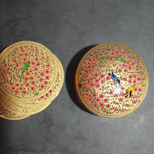 Golden Paper Mache Coaster Set<br> Round Birds Design