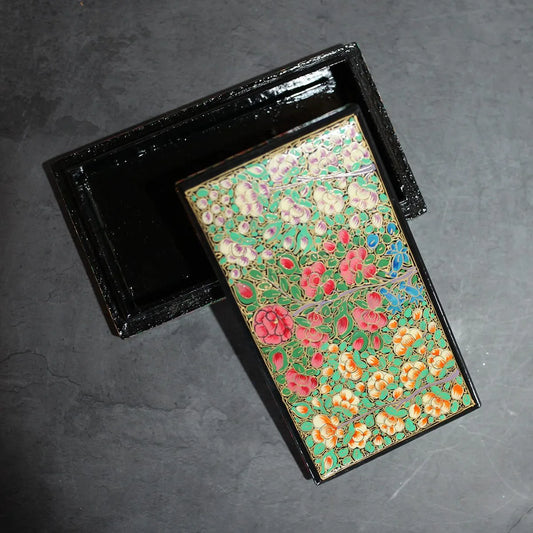 Paper Mache Flat box Floral<br> Design Black Base 7x4