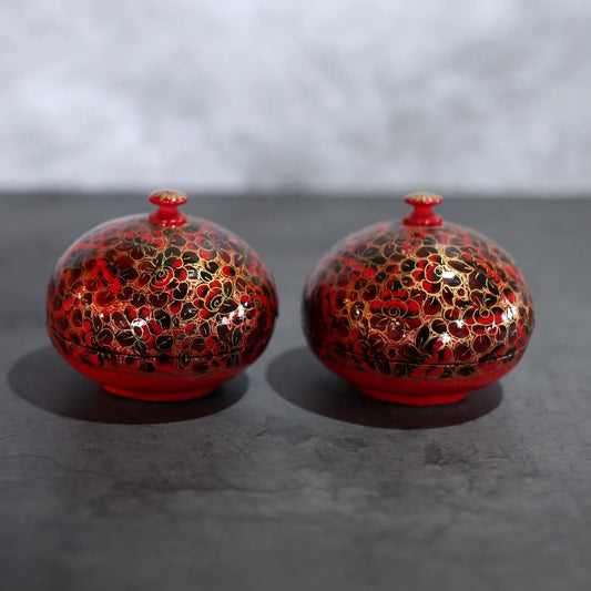 Red Floral Paper Mache Powder Box 4 Inches Set Of 2