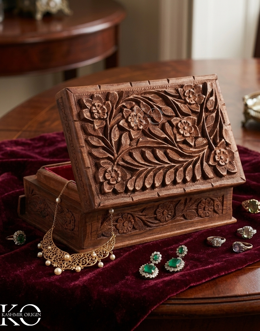 Walnut Wood Hand Carved Storage Box | Jewellery Box | Hand Carved in kashmir