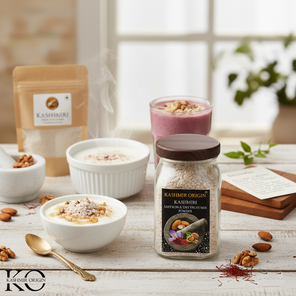 Kashmiri Saffron Dry Fruit Fusion | Zafrani Meva Mix | Dried Fruits and Nuts Powder | Spices and Herbs | Nutritious Superfood By Kashmir Origin | Use With MIlk | Kehwa 200 gms