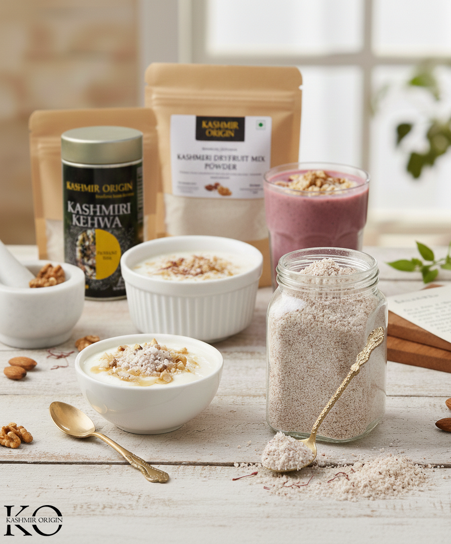 Kashmiri Saffron Dry Fruit Fusion | Zafrani Meva Mix | Dried Fruits and Nuts Powder | Spices and Herbs | Nutritious Superfood By Kashmir Origin | Use With MIlk | Kehwa 200 gms