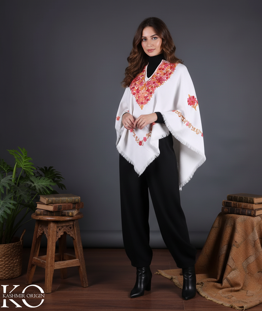 White Poncho with Aari Embroidery, Kashmir Embroidery