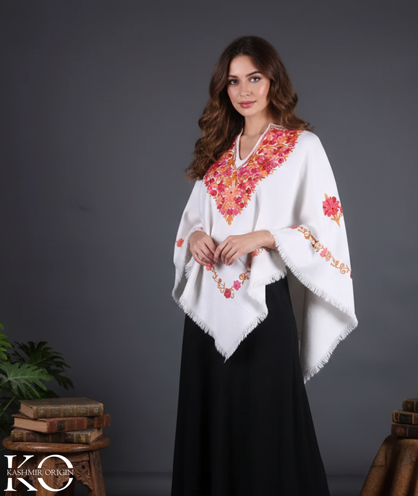 White Poncho with Aari Embroidery, Kashmir Embroidery