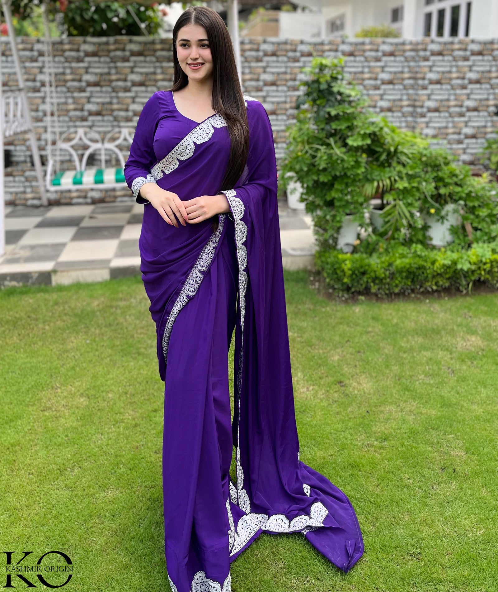 Kashmiri Purple Crepe Saree With Silver Zari Embroidery