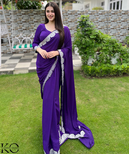 Kashmiri Purple Crepe Saree With Silver Zari Embroidery