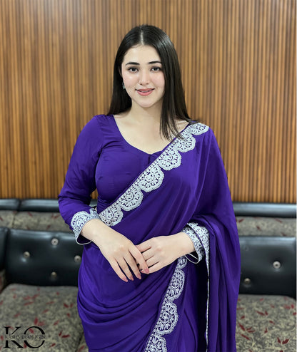 Kashmiri Purple Crepe Saree With Silver Zari Embroidery