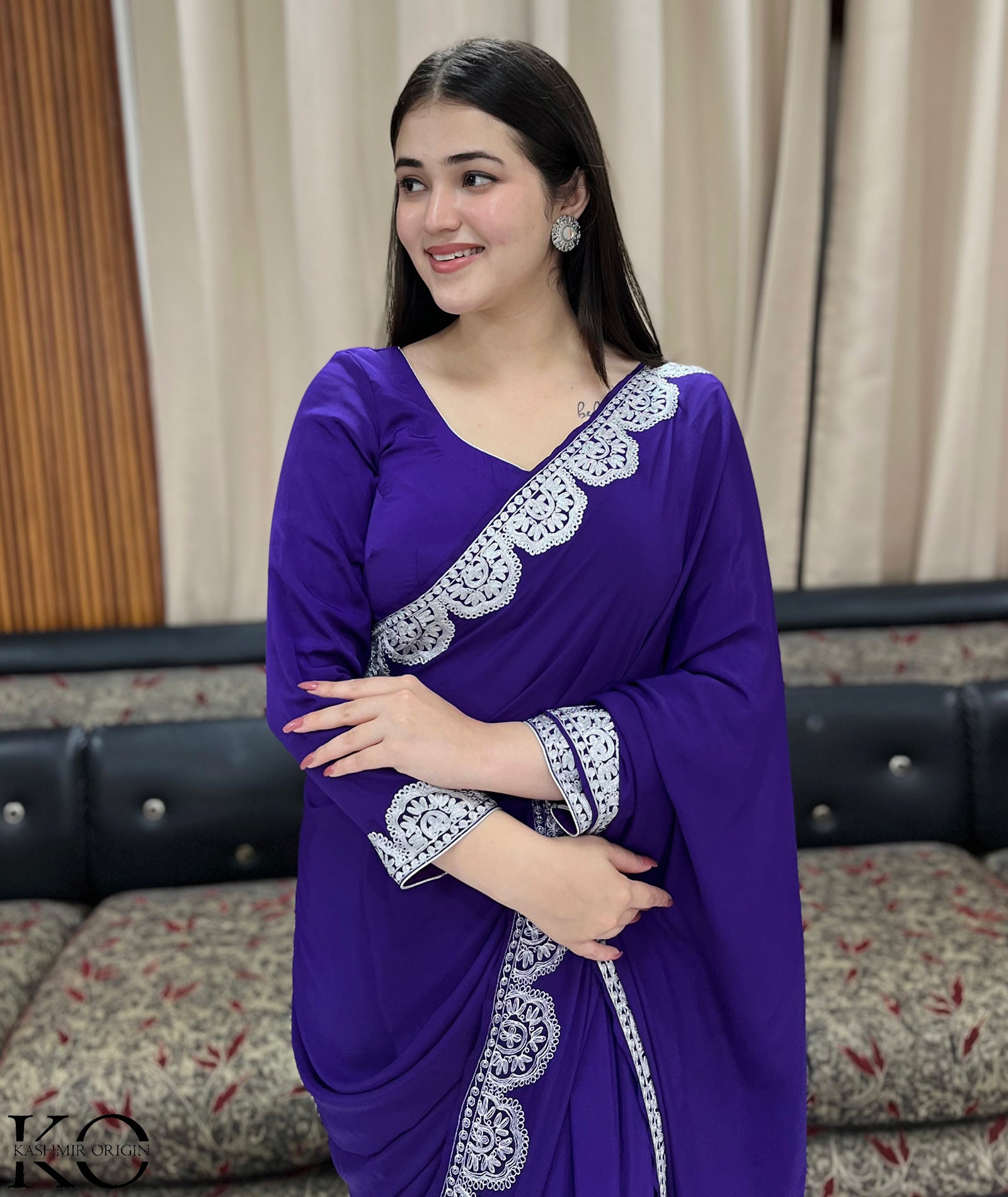 Kashmiri Purple Crepe Saree With Silver Zari Embroidery