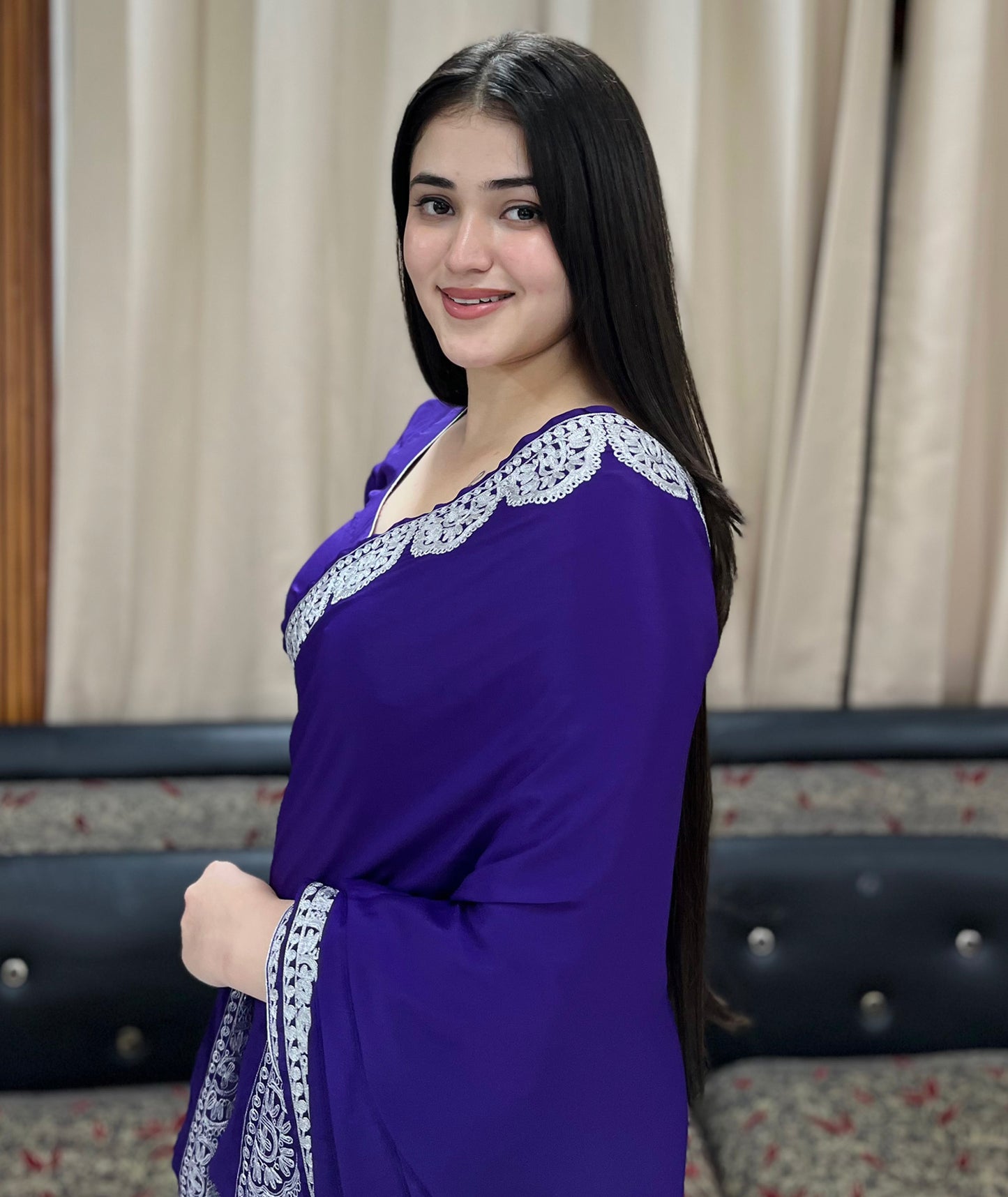 Kashmiri Purple Crepe Saree With Silver Zari Embroidery