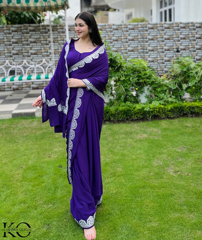 Kashmiri Purple Crepe Saree With Silver Zari Embroidery