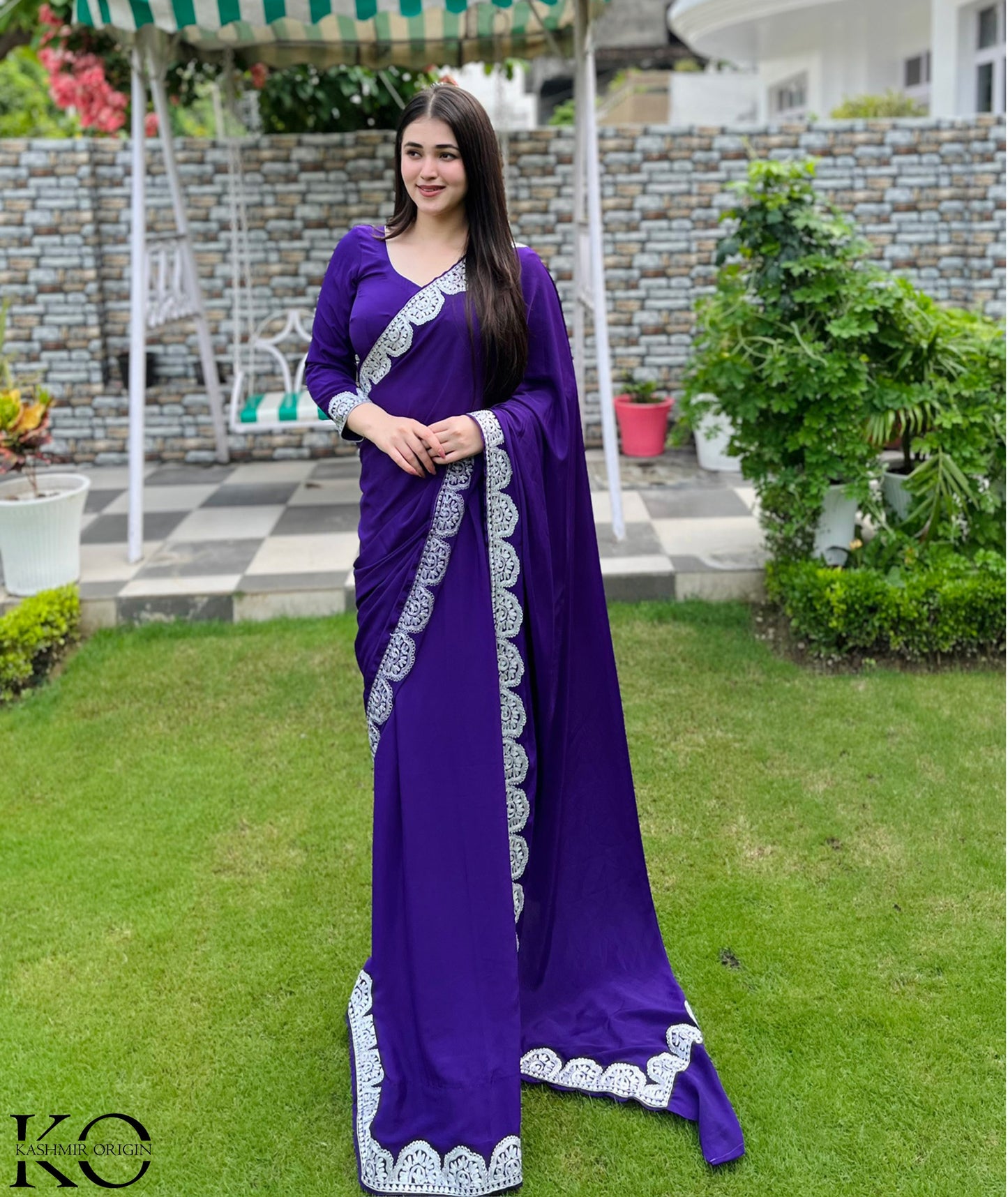 Kashmiri Purple Crepe Saree With Silver Zari Embroidery
