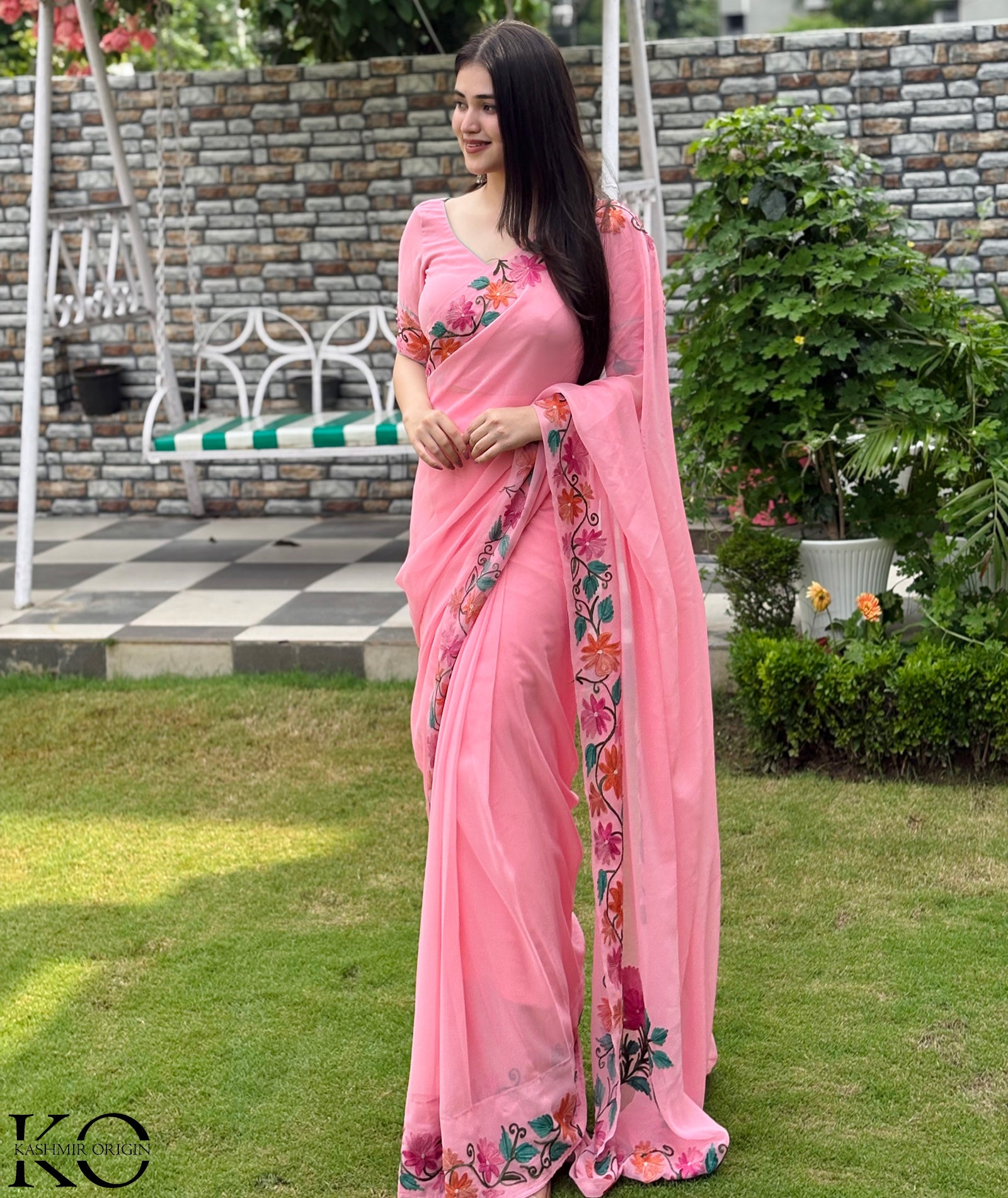Baby Pink Floral Design Aari Embroidered Georgette Saree