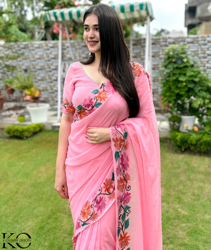 Baby Pink Floral Design Aari Embroidered Georgette Saree