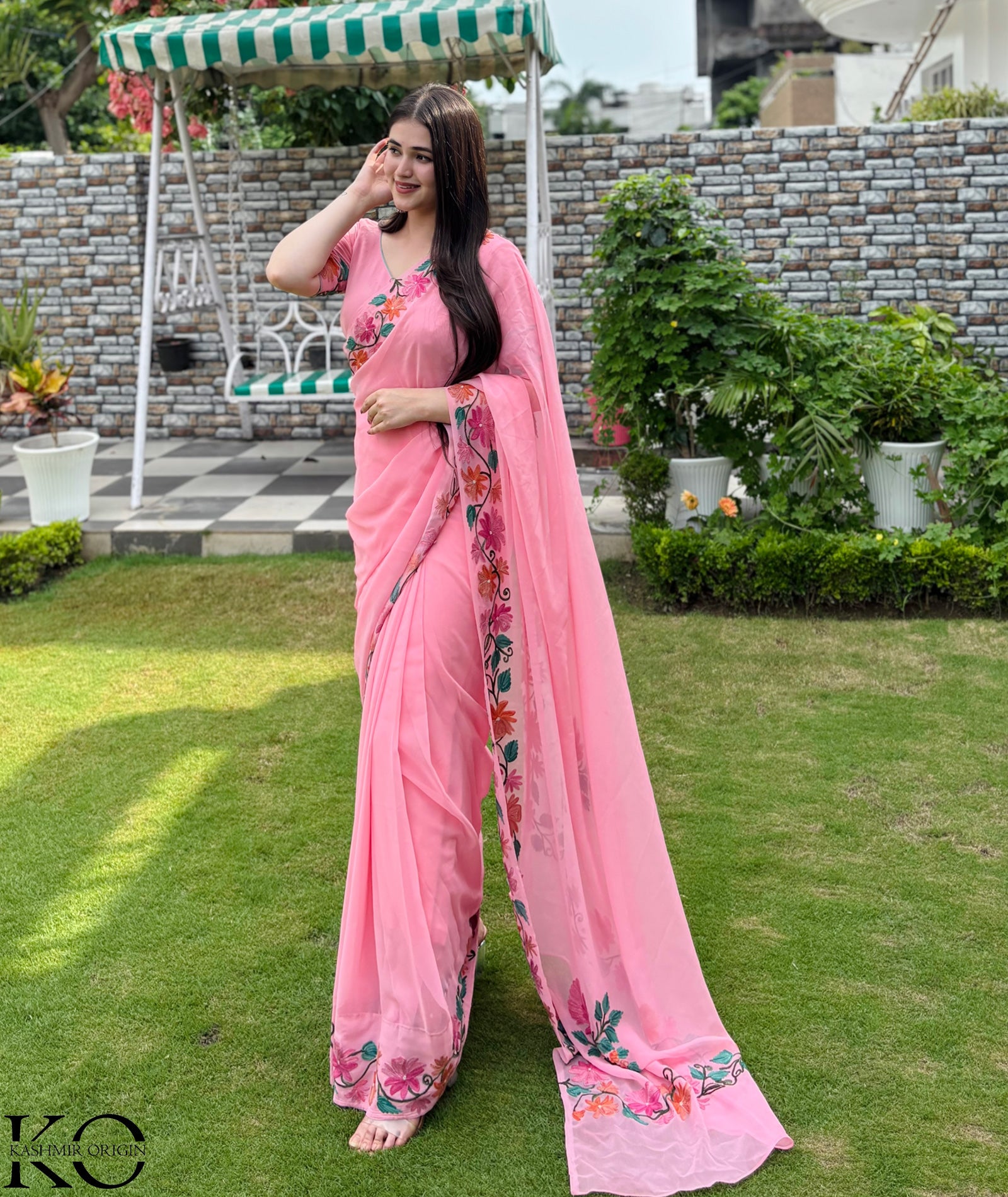 Baby Pink Floral Design Aari Embroidered Georgette Saree