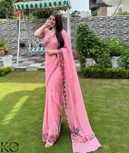 Baby Pink Floral Design Aari Embroidered Georgette Saree