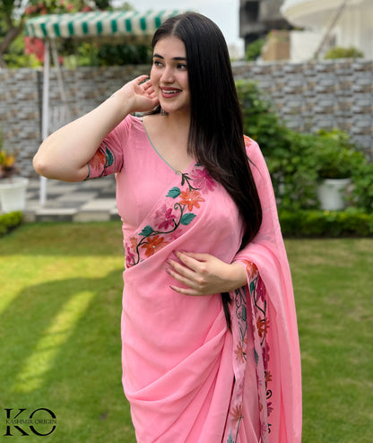Baby Pink Floral Design Aari Embroidered Georgette Saree