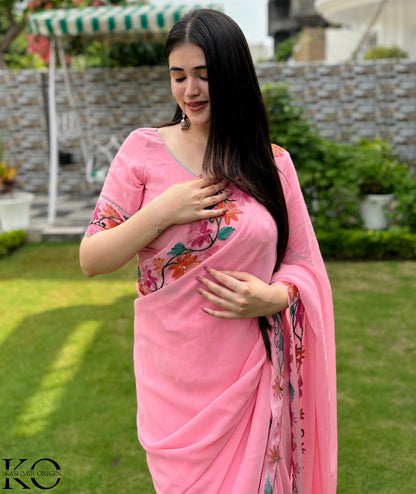 Baby Pink Floral Design Aari Embroidered Georgette Saree