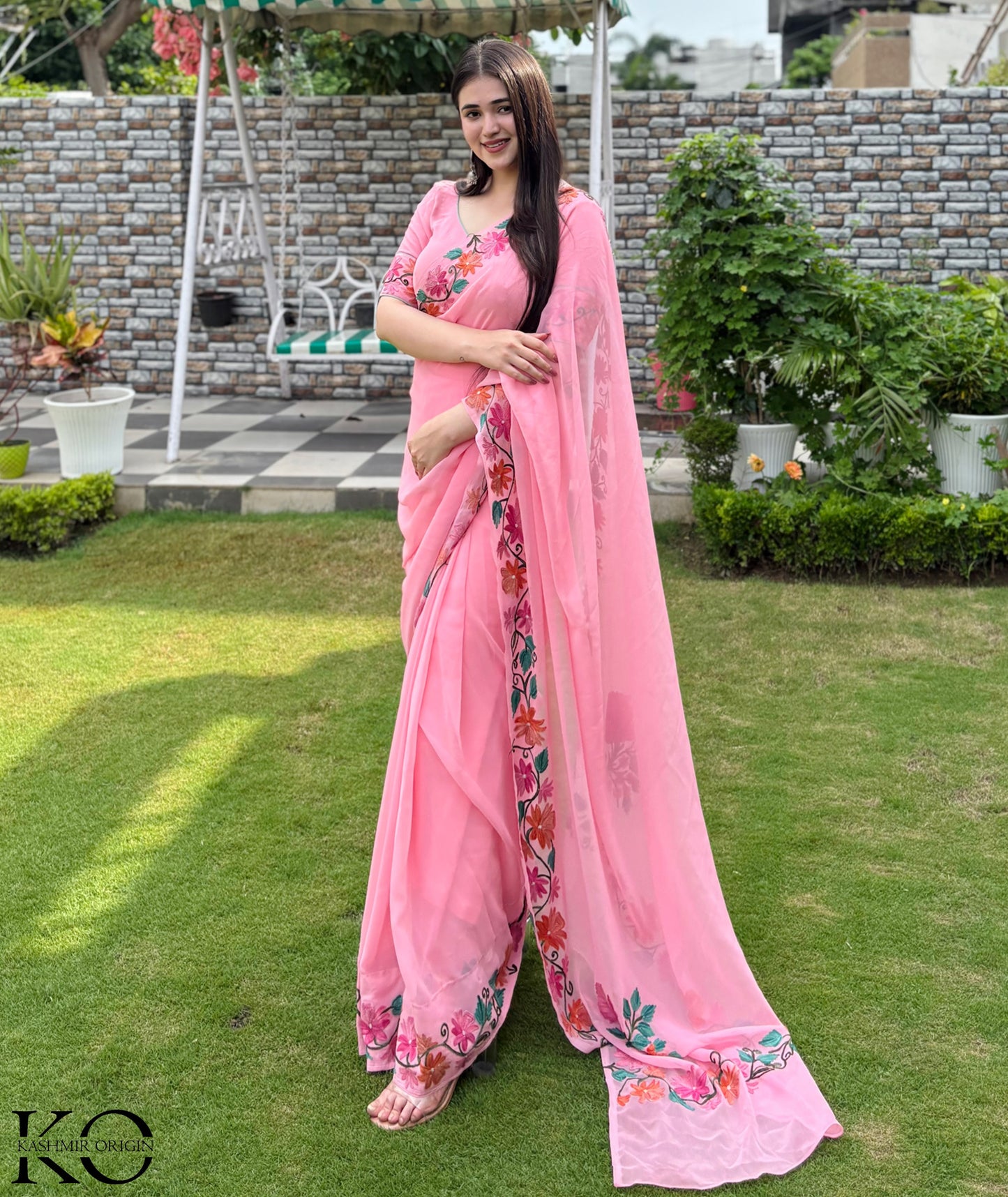 Baby Pink Floral Design Aari Embroidered Georgette Saree