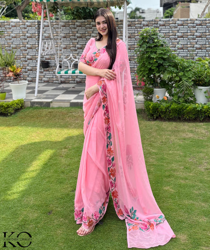 Baby Pink Floral Design Aari Embroidered Georgette Saree