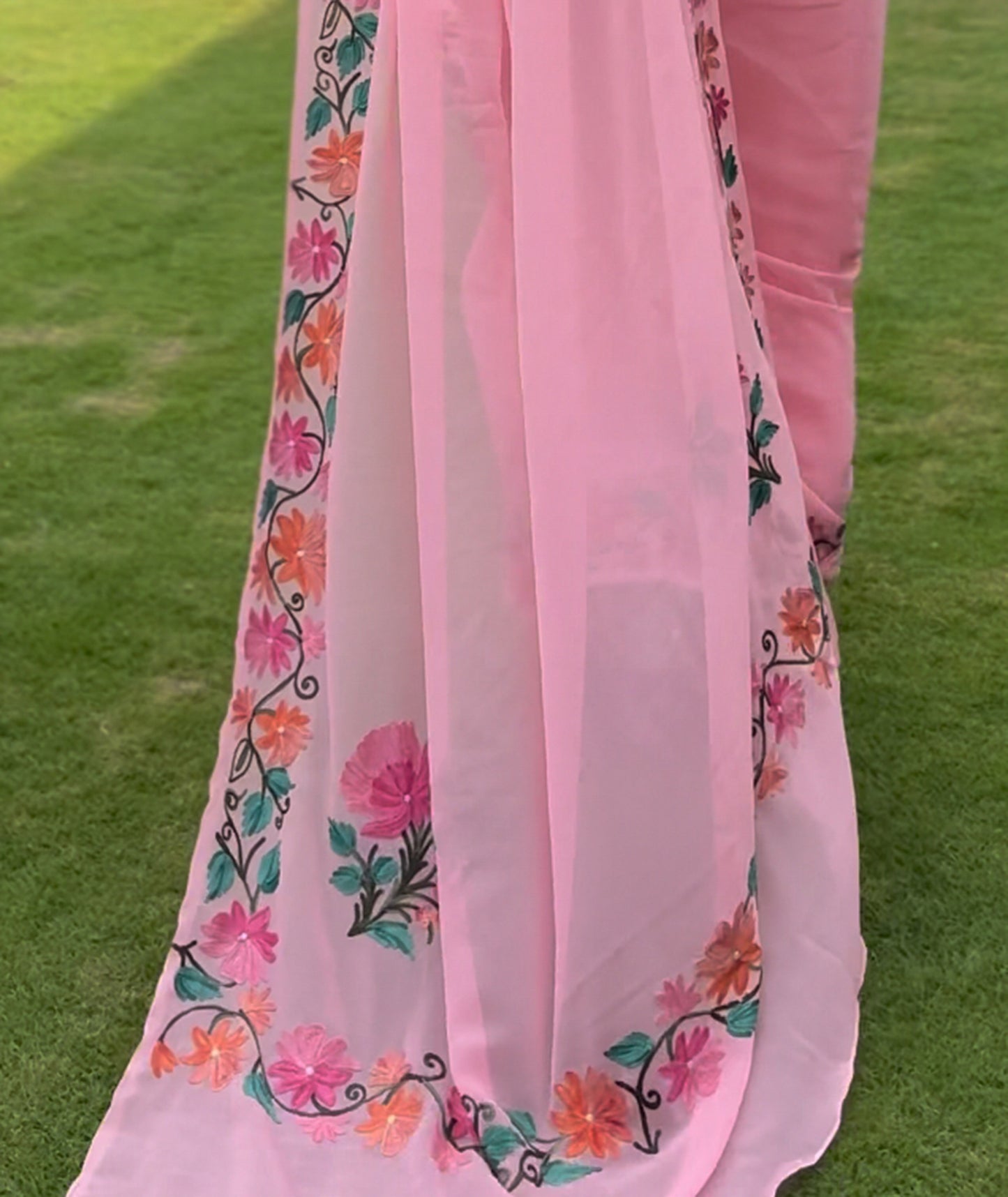Baby Pink Floral Design Aari Embroidered Georgette Saree