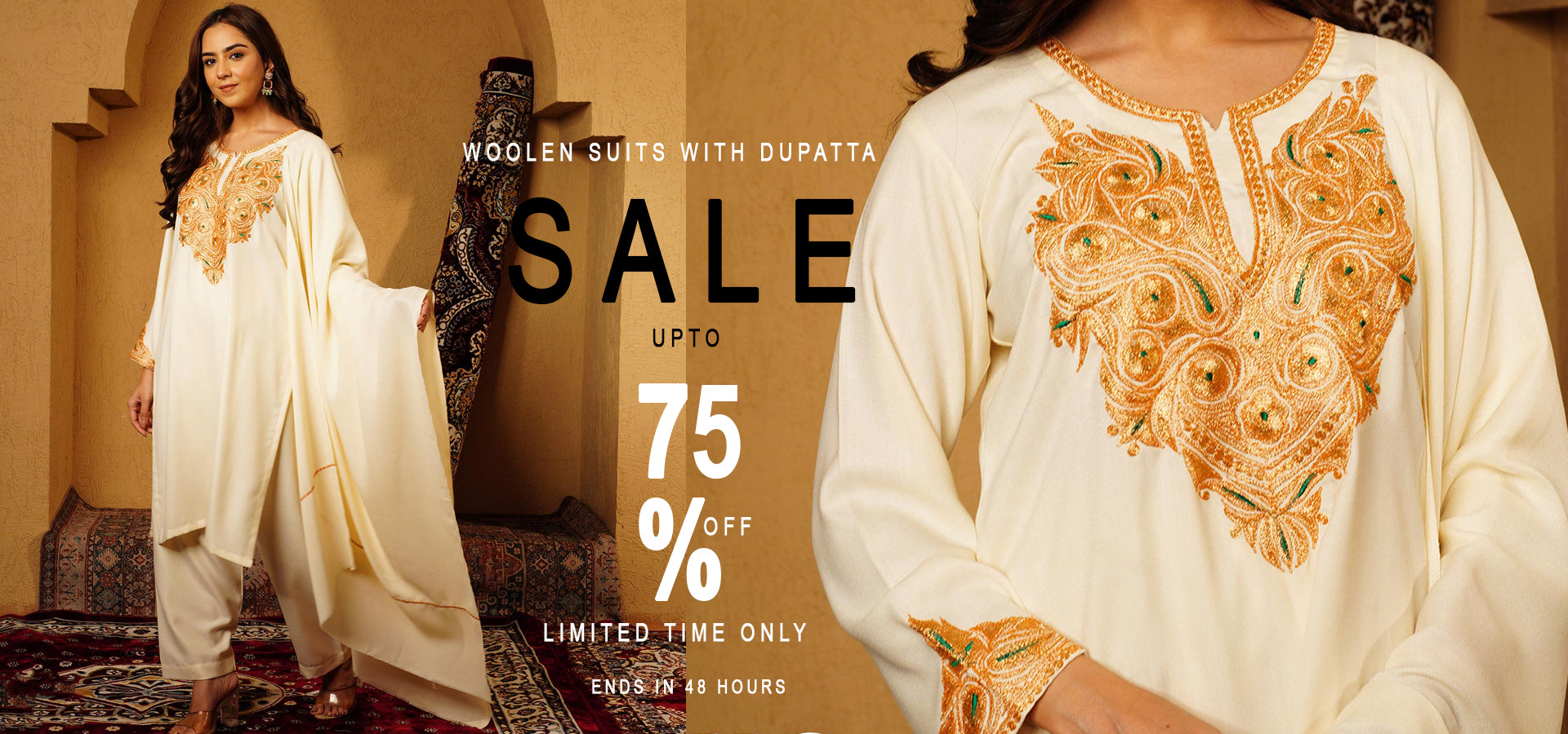 Woman wearing a white woolen suit with gold embroidery and dupatta, with promotional text overlay.