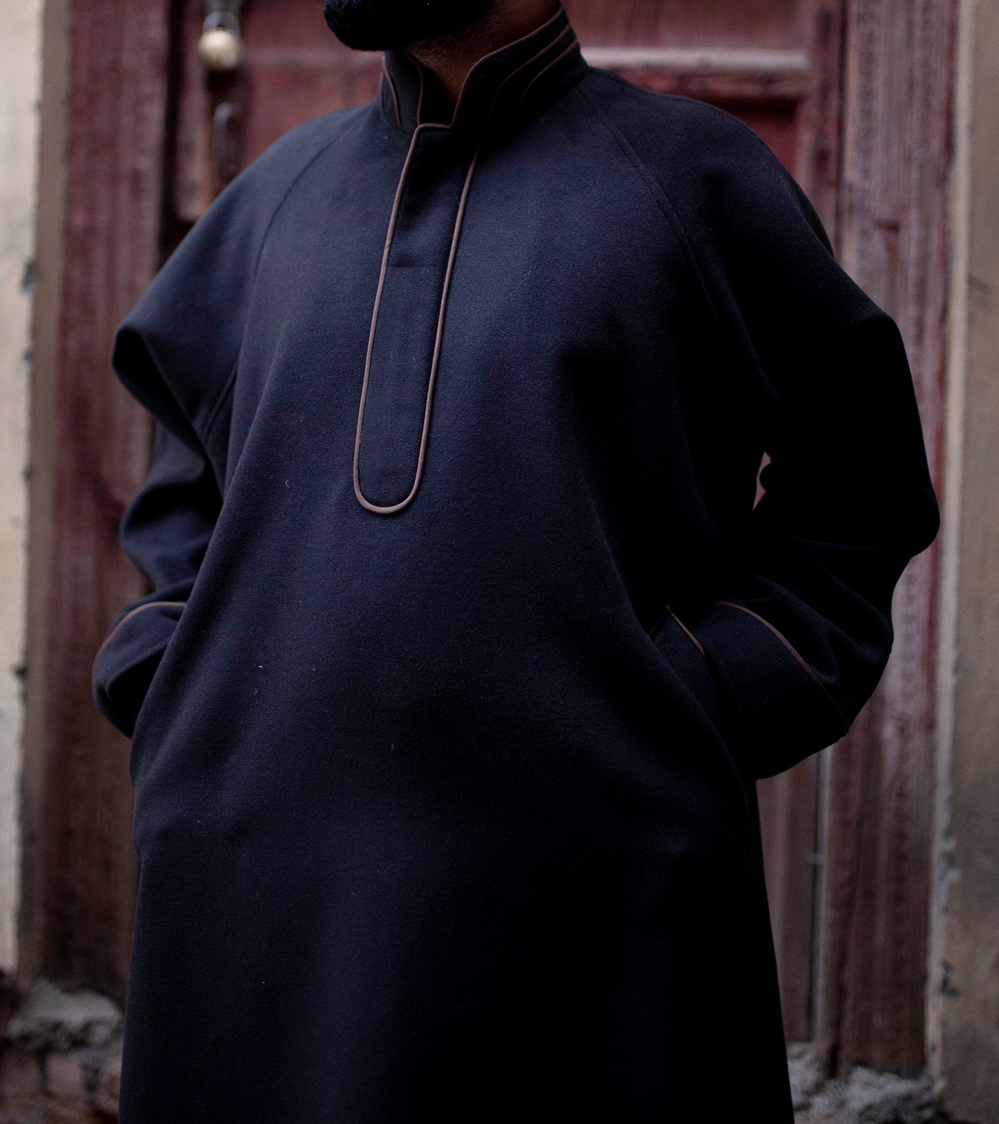 Black Fleece wool Mandarin Collar Kashmiri Pheran | Men's Phiran | Woolen Pherans