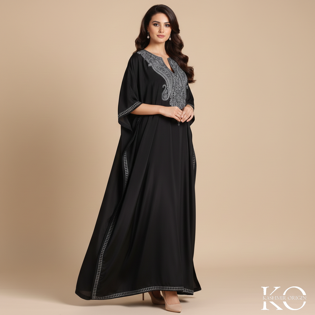 Black Aari Embroidered Silk crepe Kaftan | Designed For Hot Summers | Arabian Style kaftan | Women's Kaftan | made in Kashmir