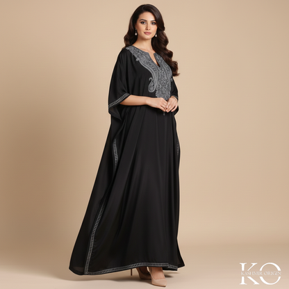 Black Aari Embroidered Silk crepe Kaftan | Designed For Hot Summers | Arabian Style kaftan | Women's Kaftan | made in Kashmir