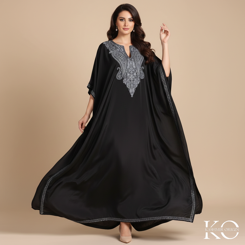 Black Aari Embroidered Silk crepe Kaftan | Designed For Hot Summers | Arabian Style kaftan | Women's Kaftan | made in Kashmir