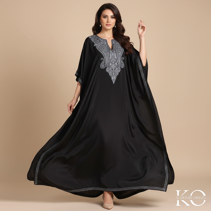 Black Aari Embroidered Silk crepe Kaftan | Designed For Hot Summers | Arabian Style kaftan | Women's Kaftan | made in Kashmir