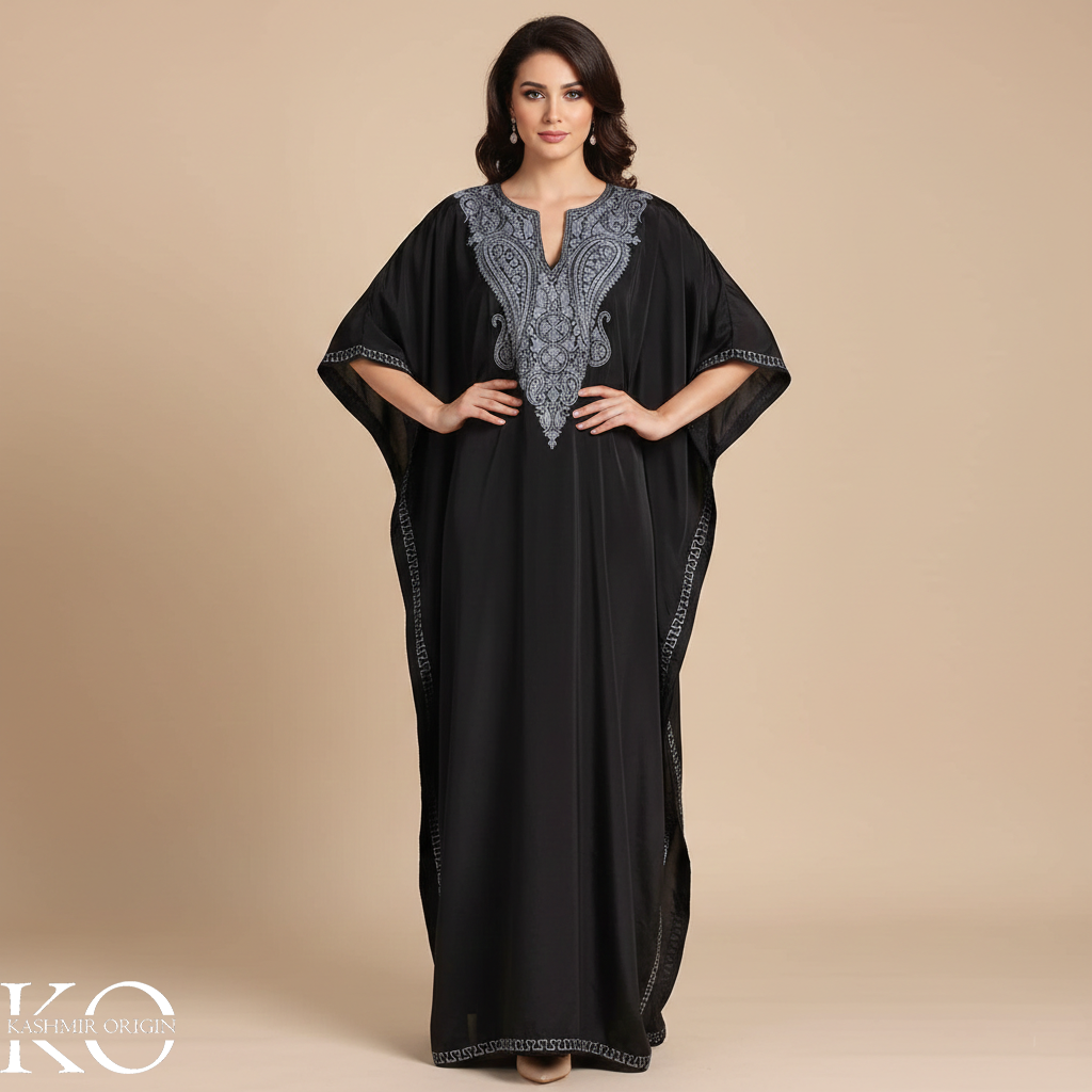 Black Aari Embroidered Silk crepe Kaftan | Designed For Hot Summers | Arabian Style kaftan | Women's Kaftan | made in Kashmir