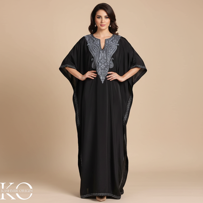 Black Aari Embroidered Silk crepe Kaftan | Designed For Hot Summers | Arabian Style kaftan | Women's Kaftan | made in Kashmir